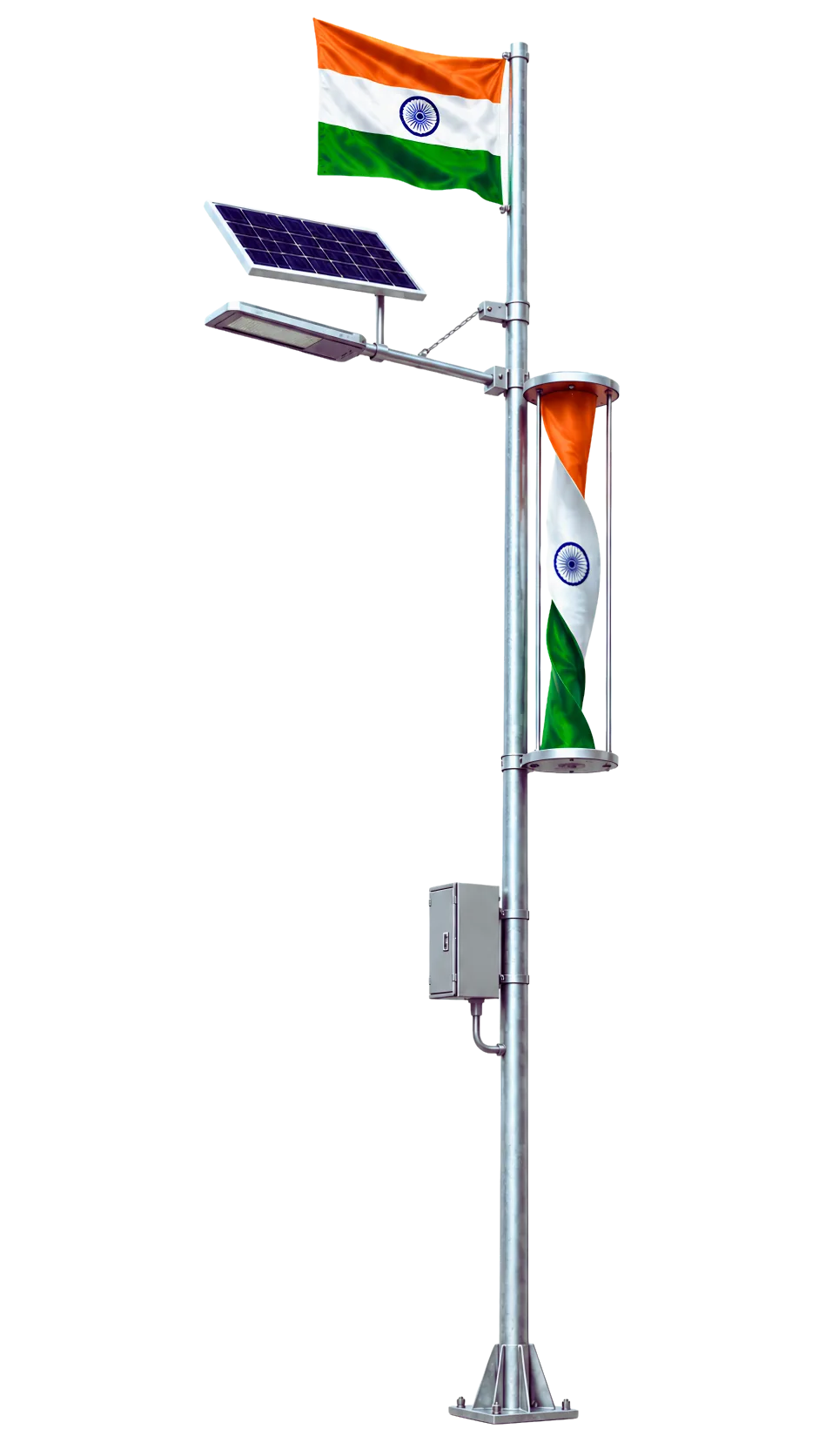 Solar hybrid street light with solar panel, LED light and Indian flag wind turbine design