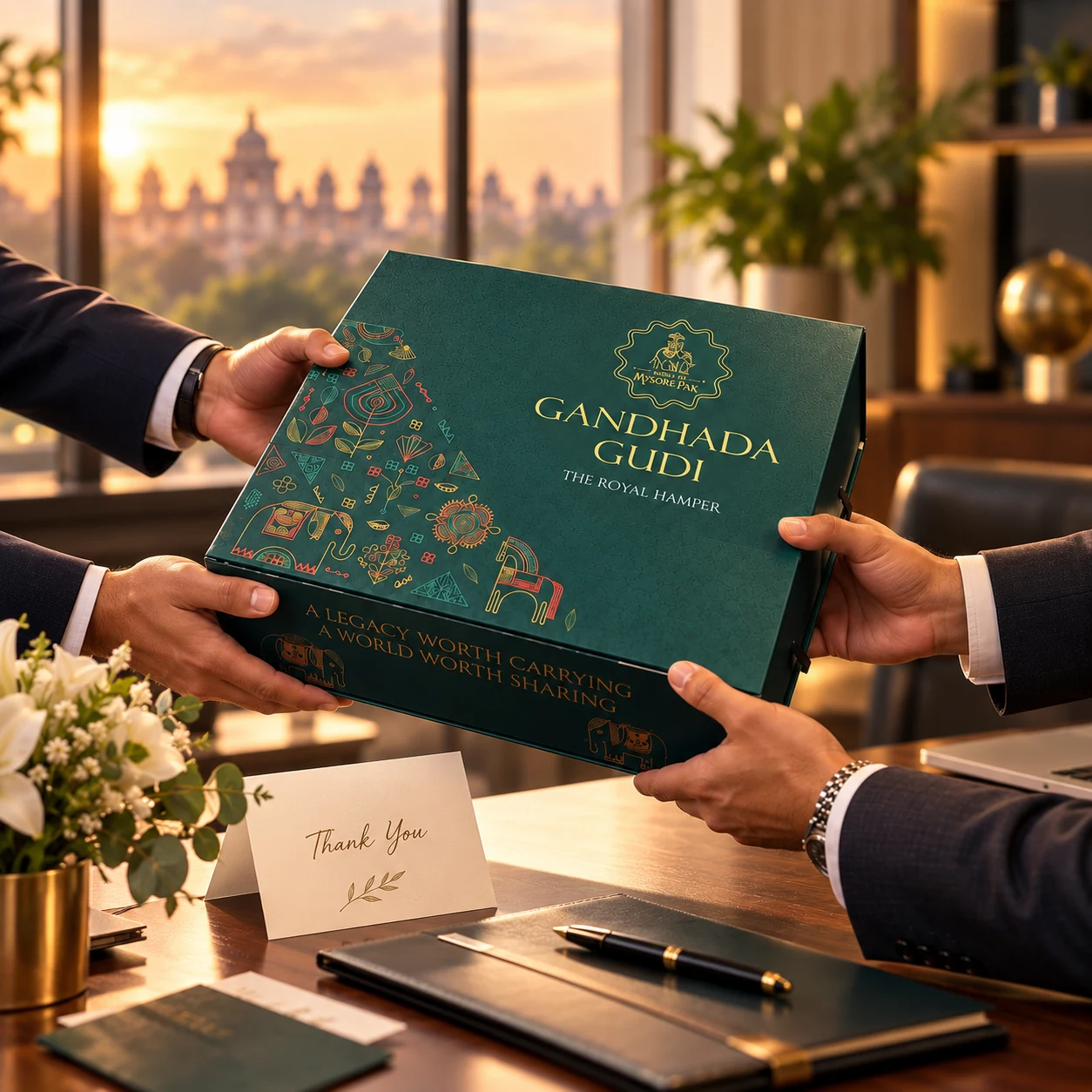 Gandhada Gudi premium gifting hamper being presented
